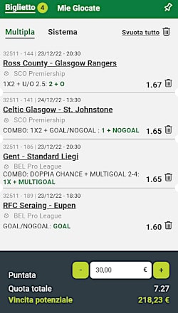 Bolle calcio abbonati 23 e 24 dicembre 2022 di ScommessePerfette.it. 18^ giornata della Jupiler League e 17^ della Premiership scozzese!