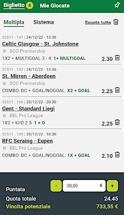 Bolle calcio abbonati 23 e 24 dicembre 2022 di ScommessePerfette.it. 18^ giornata della Jupiler League e 17^ della Premiership scozzese!